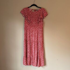 Old Navy Red & White Floral Midi Dress with Ruffle Sleeves